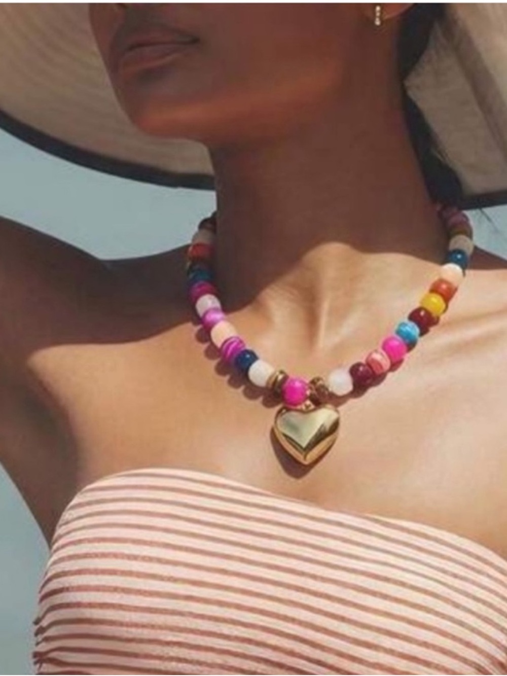 New! Colorful Bead Necklace Gold Heart Pendant | Fun Coastal Boho Jewelry (1039)